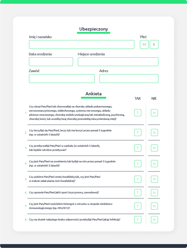 Przykładowa ankieta medyczna, indywidualne ubezpieczenie na życie